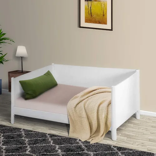 Vista 2 de Benjara - Sofá cama doble de madera moderna de mediados de siglo con patas redondas, color blanco