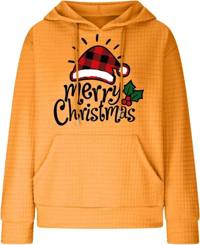 Vista 4 de Camisas de Navidad para mujer, sudadera con capucha de manga larga con estampado de cordón y bolsillo, S-3XL