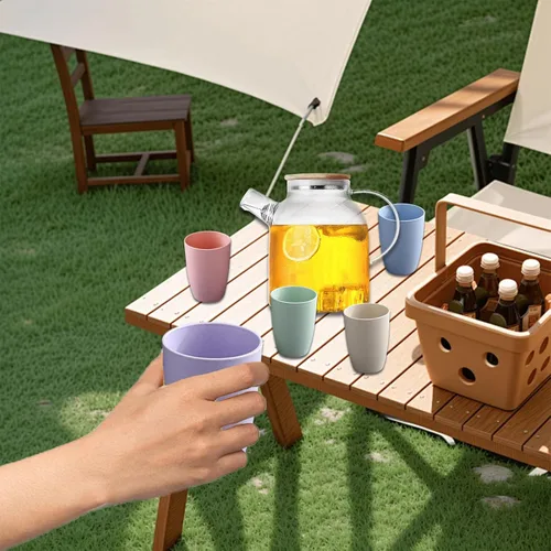 Vista 5 de Juego de 5 vasos de paja de trigo, pequeños vasos reutilizables de 12 onzas, aptos para lavavajillas, vasos de agua apilables de plástico