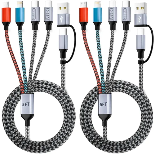 Vista 12 de Cargador de teléfono de 90 grados, cable de carga múltiple 4 en 2, cable USB C CarPlay con doble tipo C, micro USB, puerto IP, cable USBC de nailon