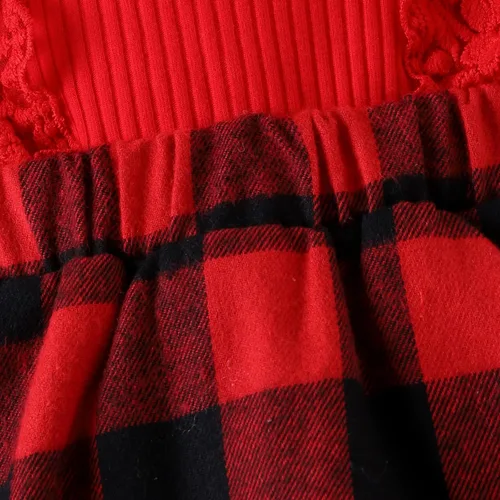 Vista 6 de Ehfomius Conjunto de mameluco de Navidad para bebé niña, con volantes, de manga larga, a cuadros, con diadema