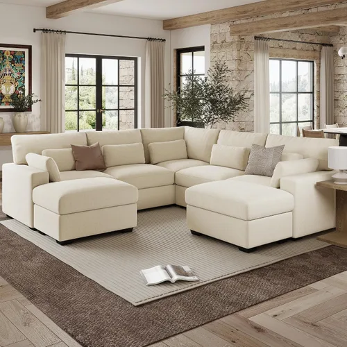 Vista 18 de Sofá modular de 146.5 pulgadas, sofás extra profundos en forma de U para sala de estar, sofá de felpilla de 4 asientos con patas de madera, otomana