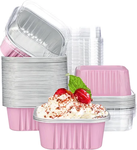 Vista 9 de EUSOAR - Moldes para pastel con tapas, 50 unidades de 300 ml/10 oz, moldes cuadrados desechables para cupcakes, recipientes de papel de aluminio
