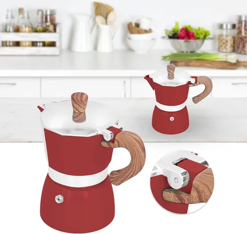 Vista 4 de Moka Pot - Cafetera de café expreso de aluminio de 5.1 fl oz, cafetera moka octogonal para oficina en casa (rojo)