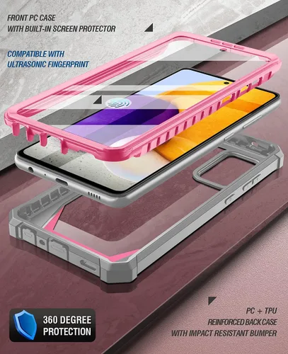 Vista 2 de Poetic Guardian - Funda diseñada para Samsung Galaxy A72, protector de pantalla integrado que funciona con identificación de huellas dactilares, Rosa