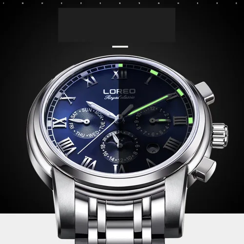 Vista 6 de LOREO - Reloj automático para hombre multifunción de acero inoxidable, cristal de zafiro, resistente al agua, color azul