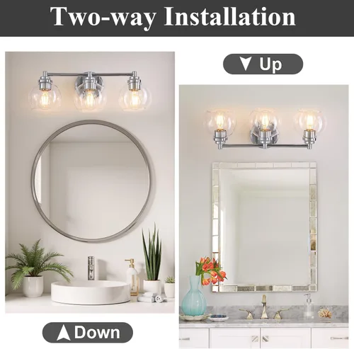 Vista 6 de Lámparas de baño de 3 luces, moderna lámpara de tocador con pantalla de cristal de globo, luces de baño cromadas plateadas sobre espejo, luces
