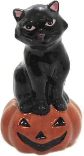 Vista 4 de Juego de salero y pimentero de cerámica fina para Acción de Gracias, Halloween, gato negro y búho en calabaza, 3-3/4 pulgadas de alto