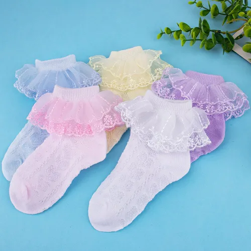 Vista 8 de Looching Calcetines con volantes de malla para bebé y niñas pequeñas, con ojales, de algodón, con volantes, 5 pares