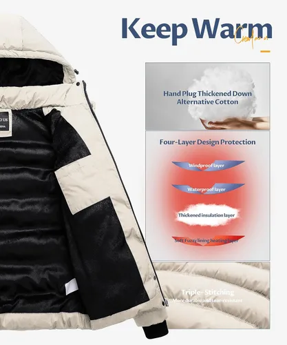 Vista 4 de CREATMO US Abrigo de invierno cálido para mujer, chaqueta de esquí impermeable acolchada con capucha desmontable