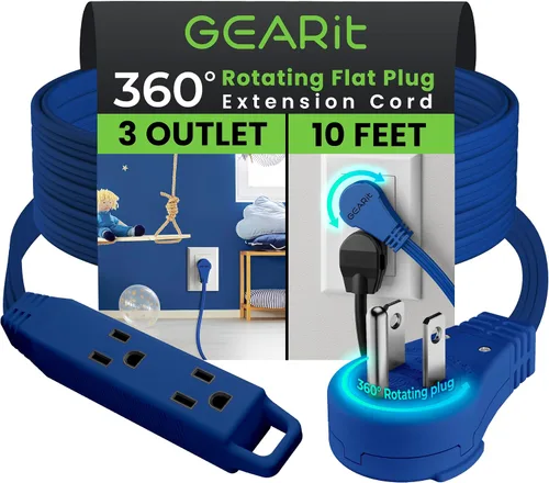 Vista 22 de GEARit Cable de extensión de enchufe plano giratorio de 360° de 3 pies, cable de alimentación de perfil bajo de 3 salidas, ahorro de espacio