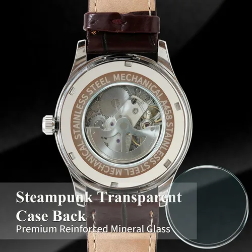 Vista 4 de Gute Reloj para hombre, esqueleto mecánico, steampunk, automático, automático, números arábigos, manos azules, marrón, cuero sintético, reloj