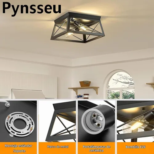 Vista 4 de Pynsseu - Lámpara de techo de estilo industrial, 2 focos, lámpara de techo para cocina, para isla, comedor, dormitorio, vestíbulo, pasillo, 1