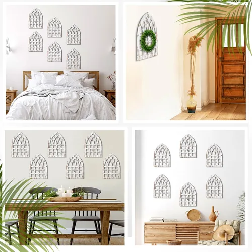 Vista 7 de FairySandy 6 marcos rústicos de ventana con arco de madera para decoración de pared de granja de 15.75 x 11 pulgadas, paneles colgantes de catedral