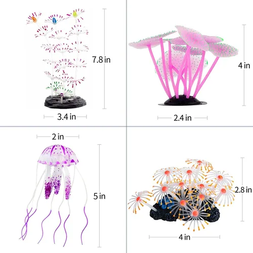 Vista 6 de Uniclife Paquete de 4 decoraciones para pecera, efecto brillante, decoración de acuario, pequeña medusa artificial de silicona, adorno de planta