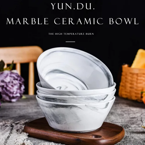 Vista 4 de Juego de 4 cuencos de cerámica de mármol gris Yundu, 30 onzas (887.2 ml) cuenco de ramen para fideos, cuencos de ensalada, cuencos grandes