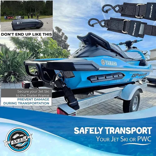Vista 2 de WavesRx Correas de popa de remolque de barco y moto acuática de alta calidad - Correas marinas - Ajustable a través de hebilla de liberación rápida