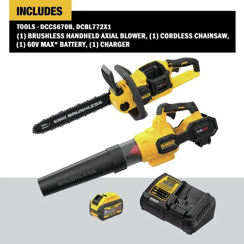Vista 2 de DEWALT FLEXVOLT 60V MAX* Kit combinado de soplador y motosierra, sin escobillas, batería de 3 Ah (DCBL772X1 y DCCS670B)