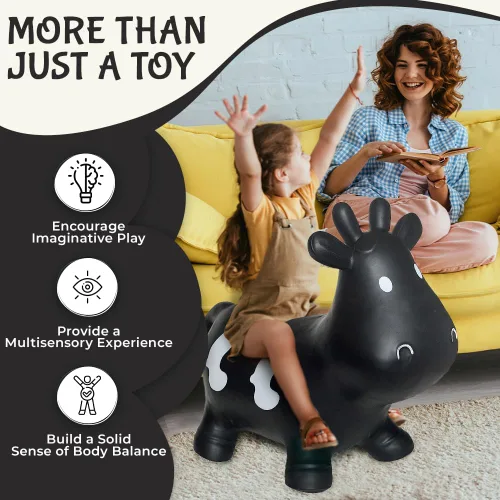 Vista 2 de Juguete inflable de vaca negra para niños pequeños con bomba