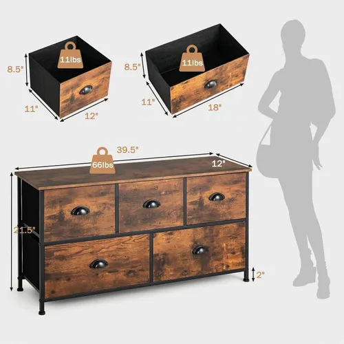 Vista 3 de GOFLAME Cómoda con 5 cajones, cómoda con almohadillas ajustables para los pies, cajones plegables, marco de acero y parte superior de madera, cómoda