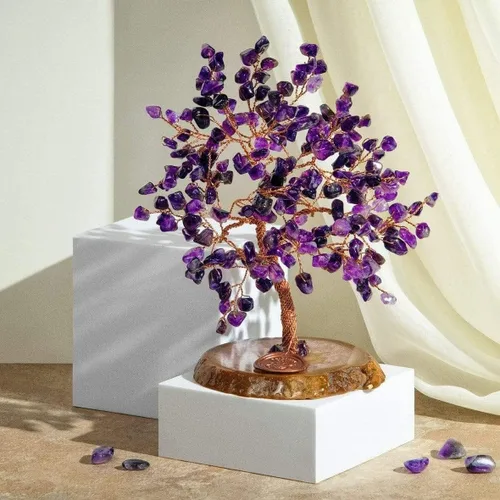 Vista 2 de KARMA AND LUCK Oasis, árbol de la vida de Feng Shui de cristal de amatista real, envuelto en alambre de cobre sobre base de ágata, hecho a mano