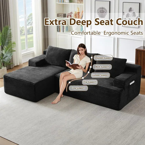 Vista 4 de Sofá seccional Cloud de 96 pulgadas, sofá deshuesado para sala de estar, sofá modular con asiento profundo, sofá de pana cómodo y esponjoso con Negro