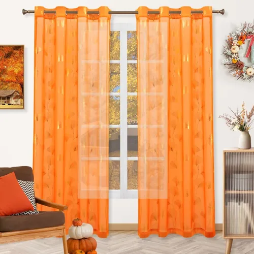 Vista 14 de Youleyar - 2 paneles de cortinas de gasa con estampado de lámina dorada, con ojales en la parte superior, para ventana, de 63 pulgadas de largo