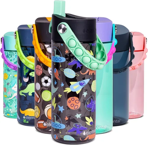 Vista 55 de Elemental Botellas de agua para niños – Botella de agua para niños Splash para la escuela con mango Pop-it – Botella de agua de plástico Tritan sin