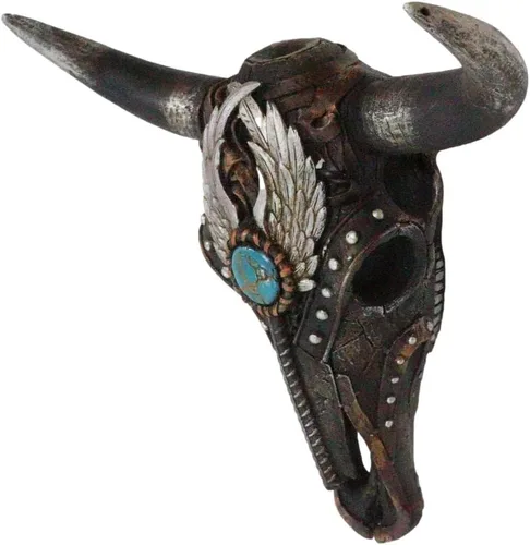 Vista 8 de Ebros Gift Alas de ángel occidentales rústicas, turquesa, gema de buey con cabeza de calavera de vaca con cuernos, decoración de montaje en pared