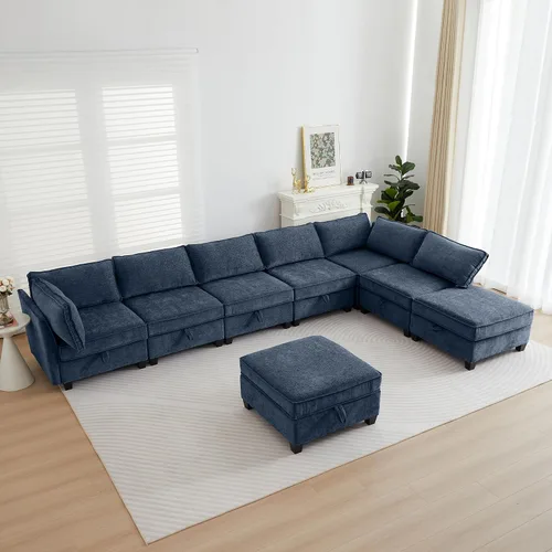 Vista 31 de ORRD Juego de sofá modular esquinero de gran tamaño, sofá convertible en forma de L con almacenamiento, sofá modular de 8 plazas con otomanas y Beige