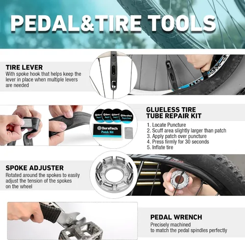 Vista 9 de DURATECH Juego de 41 piezas de herramientas para reparación de bicicletas, kit completo de herramientas para bicicletas con caja de almacenamiento