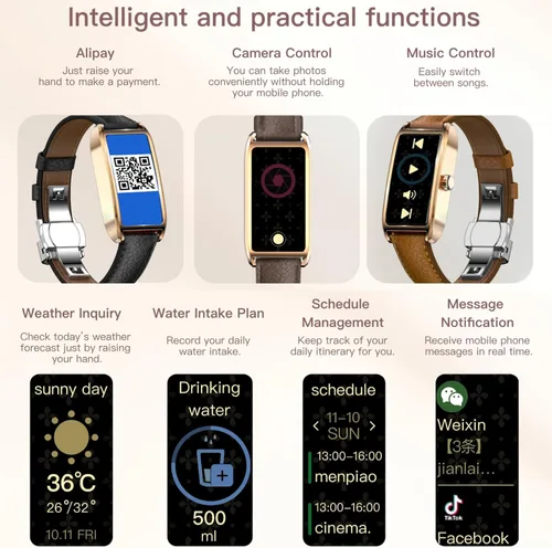 Vista 6 de Amoled Laies - Reloj inteligente para mujer, reloj inteligente con correa de piel, monitor de ritmo cardíaco, estrés, sueño, 12 modos deportivos