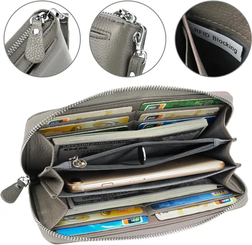 Vista 4 de YALUXE Carteras de cuero real con cremallera alrededor para mujer, bolso de mano, teléfono celular, tarjetero, protección de bloqueo RFID, Gris