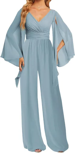 Vista 3 de JAEDEN Dama De Honor Pantalones De Gasa Monos - Dama De Honor Manga Larga Cuello