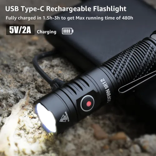 Vista 5 de Linterna de bolsillo recargable con luz LED – Sofirn SR12 pequeñas linternas potentes, luz EDC brillante, linterna magnética de 1300 pies de largo