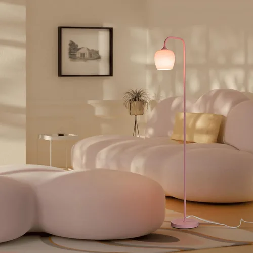 Vista 7 de ONEWISH Lámpara de pie rosa, moderna lámpara de pie para sala de estar, dormitorio, pantalla de lámpara de cristal, bombilla LED incluida, bonito