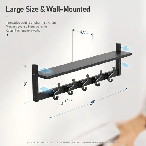 Vista 7 de Tatub Perchero de pared de 29 pulgadas con estante, ganchos de pared de madera con almacenamiento, estante de entrada con 5 perchas para baño, sala
