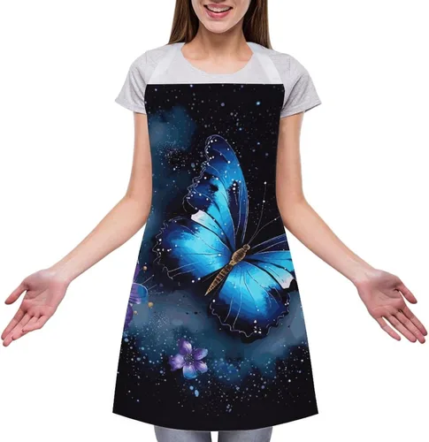 Vista 3 de Personalized Galaxy Blue Butterfly Adult Apron, Kitchen Cooking Aprons for Woman Man, Adjustable Bib Apron with Pocket for Baking, BBQ Crafting