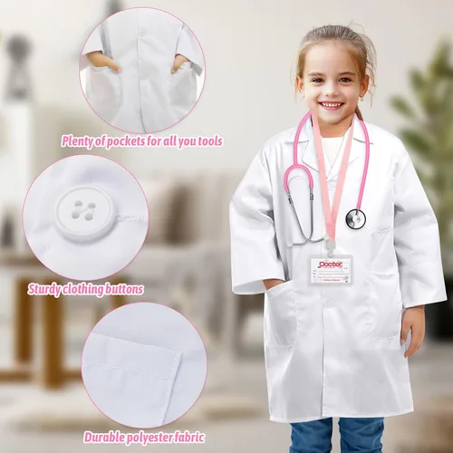 Vista 3 de Doctor Costume for Kids, Toddler Doctor Lab Coat with Kids Stethoscope, Halloween Scientist Costume for Boys Girls