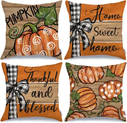 Vista 12 de GEEORY Juego de 4 fundas de almohada de camión de calabaza de otoño de 18 x Naranja y blanco