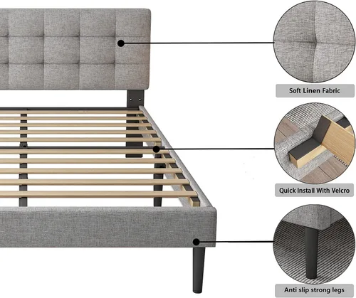 Vista 6 de Lijimei Base de cama Queen con cabecero, base de cama tapizada con soporte de listones de madera y cabecera cosida copetuda, base de colchón,