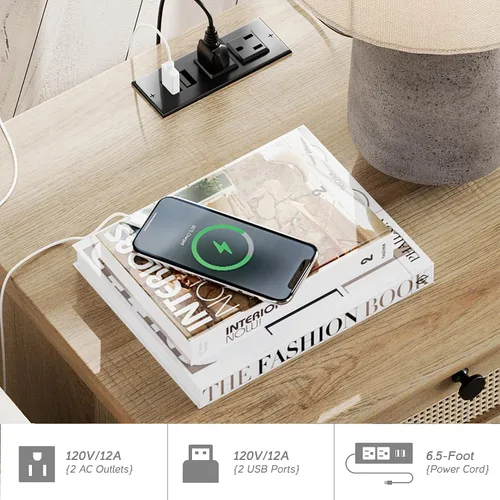 Vista 5 de WAMPAT Mesa auxiliar de granja con estación de carga, mesa auxiliar de madera con tomas de corriente y puertos USB, mesita de noche de ratán