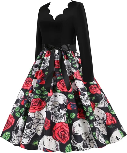 Vista 2 de Vestido de Halloween para mujer casual con cuello en V con cremallera manga larga con panel