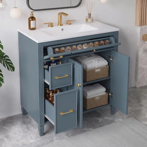 Vista 14 de Harper & Bright Designs Tocador de baño de 24 pulgadas con lavabo, tocador de lavabo individual independiente con una puerta y 3 cajones de cierre