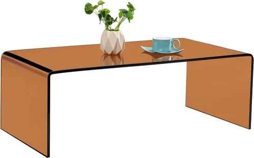 Vista 3 de Mesa de café de vidrio SMARTIK, mesas de café ámbar modernas para sala de estar, pequeña mesa auxiliar rectangular de vidrio templado con efecto