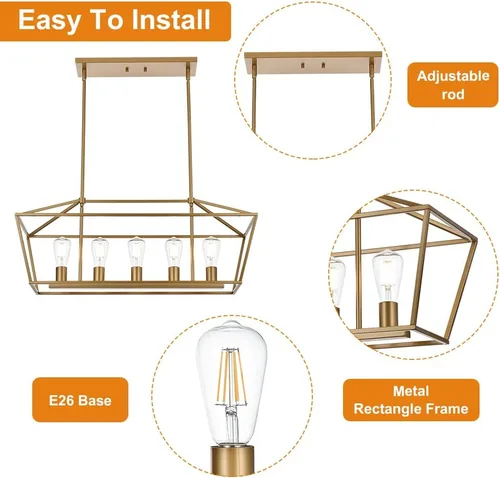 Vista 6 de Lámpara moderna de 5 luces para isla de cocina en acabado dorado, lámpara colgante industrial con marco de metal para comedor, vestíbulo, cafetería