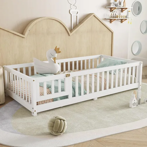 Vista 13 de Cama Montessori de tamaño matrimonial con tablillas, puerta y valla, cama Gris