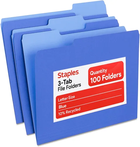 Vista 14 de Staples Carpetas de archivos de colores, tamaño carta, diseño de pestaña superior de 3 pestañas, papel duradero de 10.5 puntos, paquete de 100