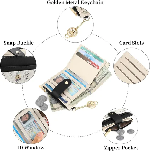 Vista 6 de GAEKEAO - Billetera pequeña para mujer con bloqueo RFID, delgada, de dos pliegues, de cuero floral, tarjetero con bolsillo con cremallera y ventana
