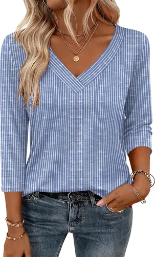Vista 27 de Zeagoo Camisetas de manga 3/4 para mujer, cuello en V, blusa casual elegante, camisetas básicas 2026, ropa de moda S-2XL